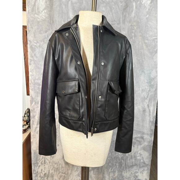 Zara Faux Black Leather Boxy Bomber Jacket XS Motorcycle Moto Biker Cropped - Picture 9 of 10